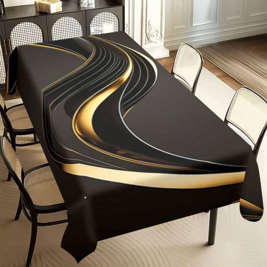 1 chiếc khăn trải bàn hiện đại thanh lịch - Thiết kế sọc nghệ thuật đen và vàng, khăn trải bàn hình chữ nhật 100% polyester, bền và có thể giặt bằng máy, thích hợp cho phòng ăn, văn phòng, nhà bếp, dã ngoại, trang trí nhà cửa, quà tặng, trang trí bàn ăn