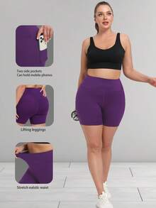 Women Plus Size 5 Inch Inseam Shorts, High Waist Drawstring Pocket Athletics Casual Shorts For Daily Wear, Fitness Training, Yoga, Running, Compression Legging Shorts - Purple - View 2