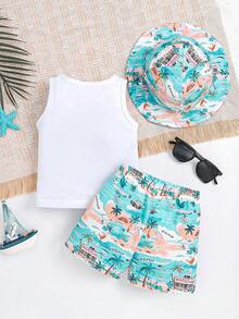 3 件套时尚男婴树叶和汽车印花衬衫、印花短裤和帽子套装，夏季 - 淺藍色 - 查看 2