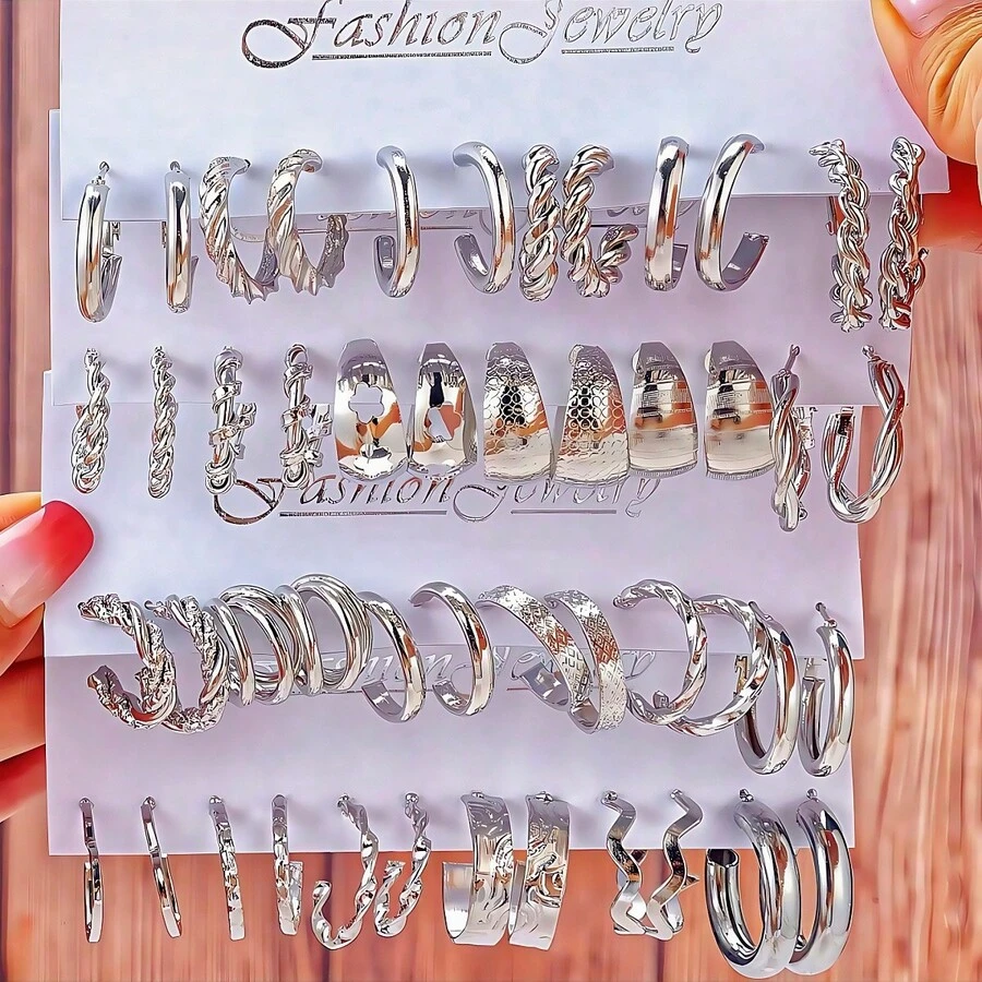 6 件/24 件优雅复古别致人造珍珠心形几何编织宽金属 C 形环状耳环多件套，适合节日、派对、约会、日常佩戴的礼物 - 銀色 - 查看 1