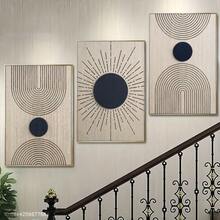 三联框帆布墙画，百搭墙饰，适用于任何房间 - 时尚木框，日月图案，木纹艺术印刷，简约风格，黑色，彩虹线条，酒吧、客厅、咖啡馆、家居和宿舍墙面装饰 - 彩色 - 查看 1