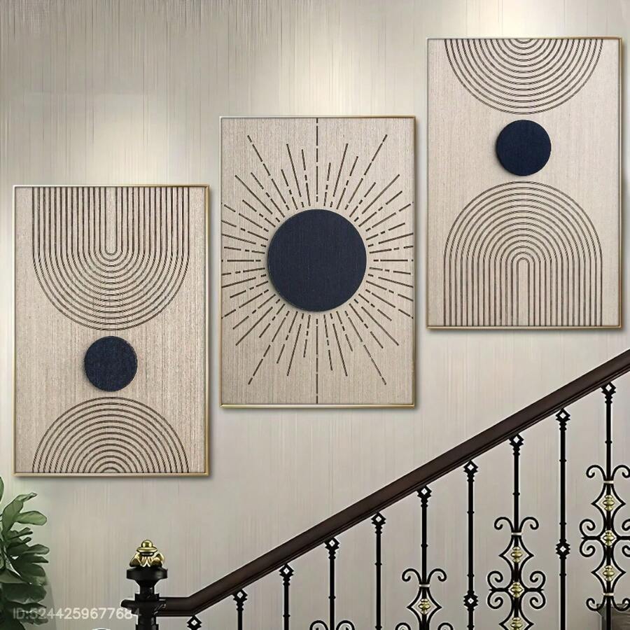 三联框帆布墙画,百搭墙饰,适用于任何房间 - 时尚木框,日月图案,木纹艺术印刷,简约风格,黑色,彩虹线条,酒吧、客厅、咖啡馆、家居和宿舍墙面装饰 - 彩色 - 查看 1