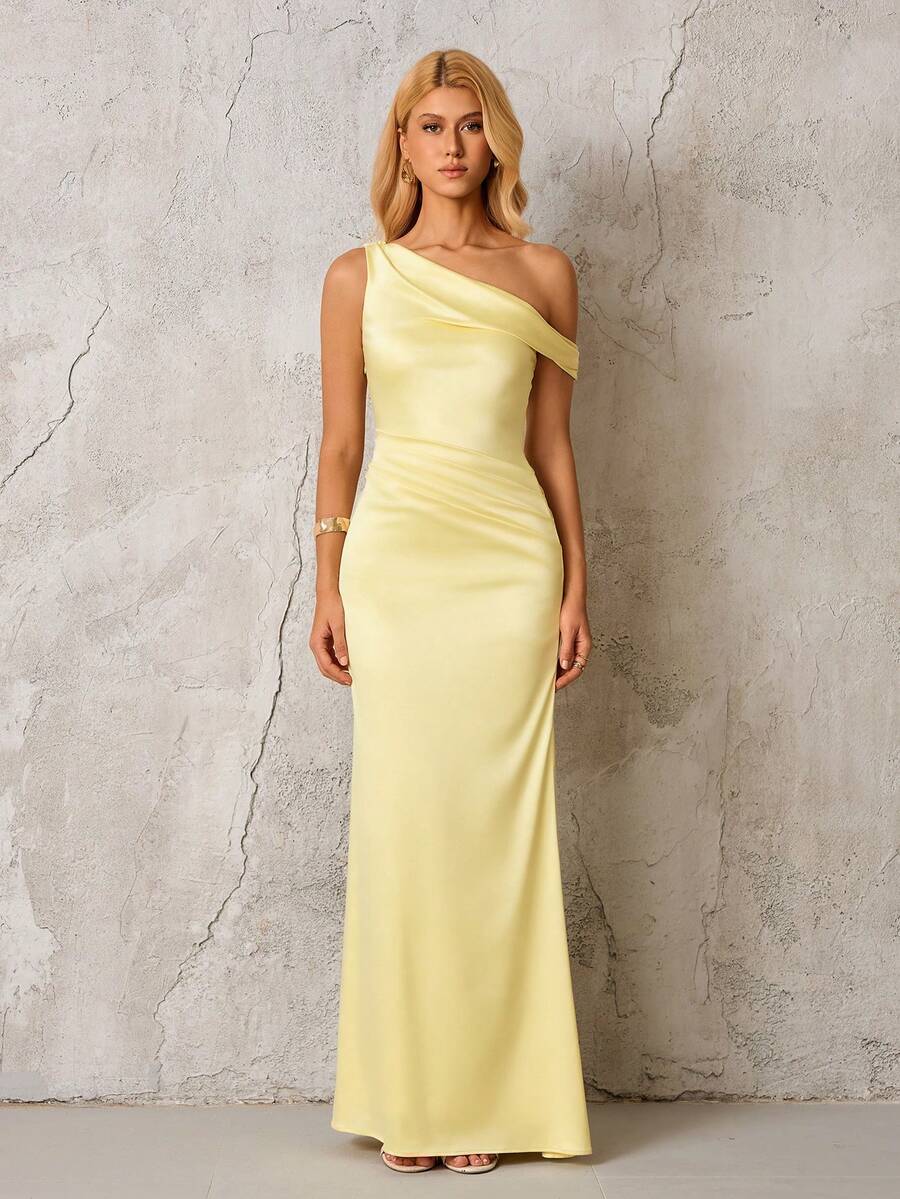 PARTHEA Elegant Formal Mermaid Hem Dress With Ruffle Off-Shoulder Neckline (Zipper, Sexy) - Light Yellow - View 1