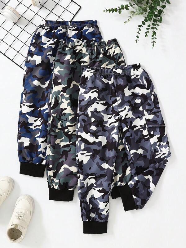 3pcs Boys' Camouflage Cargo Pants With Large Pockets, Elasticated Waistband And Elasticated Cuffs For Casual Outings, Hiking Attire, Everyday Wear, Back-To-School And Summer-Fall Wear (Ages 2-7).