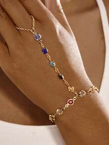 1 pieza Brazalete sin dedos decorado con cristales coloridos y versátil de moda minimalista para mujeres, adecuado para cualquier ocasión - playa, fiesta, viaje diario, todas las estaciones [Color de cristal aleatorio] - Dorado - Ver 3