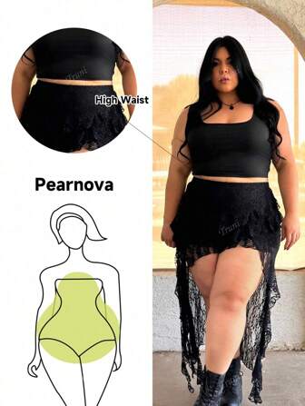 Truni Falda negra de encaje talla grande, minimalista y de moda, adecuada para atuendos de festivales de verano, raves, conciertos, mujeres gyaru y Y2k, apropiada para el verano