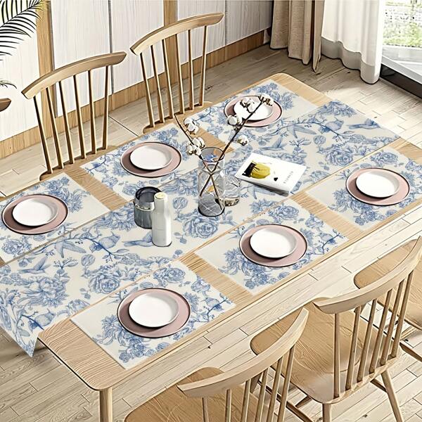 5/7pcs Floral Table Runner & Placemats Set, Vintage Blue & White Monochrome Botanical Flower Table Cloth, Suitable For Kitchen, Dining Room, Fresh Flower Dinner Table Decor, Family Gathering