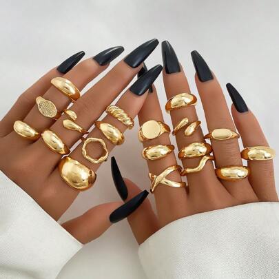 19 Peças Conjunto de Anéis de Ouro Irregular Feminino, Para Uso Diário