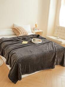 1 件深灰色条纹夏尔巴羊毛柔软舒适盖毯，适合卧室和客房 - 深灰色 - 查看 4