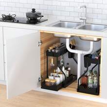 1pc Under Sink Organizers Black/White, 2 Tier Large Capacity Pull Out Kitchen & Bathroom Under Sink Drawer Organizer Space Saving, Black Storage Solution,Double Layer L Shaped Sliding Storage Organizer, Multi Functional Bathroom Caddy For Cosmetic, Cleaning Supplies, Great For Bathroom, Kitchen, Vanity Bathroom Accessories - Black - View 10