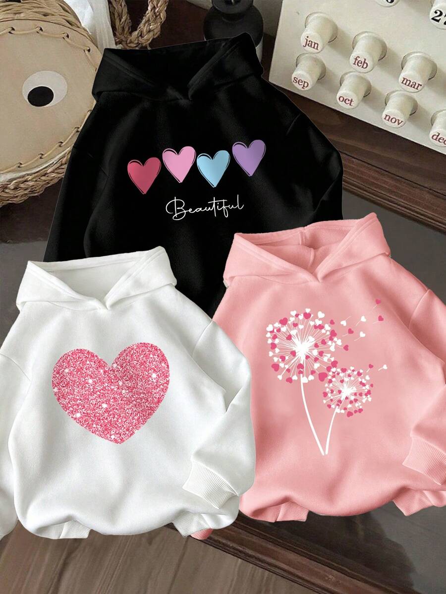 3pcs/Set Toddler Heart Graphic Warm Hooded Sweatshirts - Multicolor - View 1