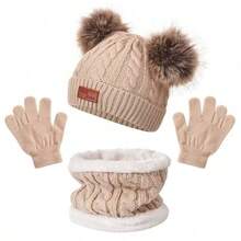 3pcs/Set Kids Warm Heart Knitted Cap Set, Fashion Cold Proof Outfit For Autumn/Winter - Solid Color Leather Label 3 Piece Set - View 14