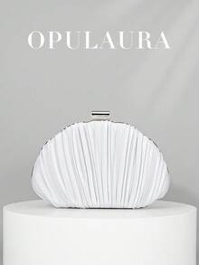 OpulAura 女士优雅/奢华褶皱缎面盒状手拿包，浪漫婚礼手提包，别致礼服钱包，简约杏色盒状包，配有可拆卸链条，适合作为节日礼物 - 銀色 - 查看 5