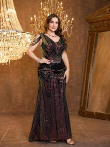 UNITHORSE [Randomly Cut Flower Position] V-Neck Fringed Beaded Glitter Party Sequin Ruched Maxi Fishtail Evening Gown Dress - Black - View 6