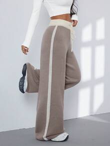 Joy Knit 女士时尚百搭针织阔腿裤 - 蝴蝶结腰带，撞色条纹 - 适合休闲、度假、办公、外出、派对、新年、秋冬季等场合 - 卡其色 - 查看 4