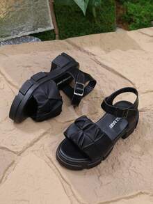 全新夏季女童高跟钩环凉鞋，时尚百搭学院风系带露趾公主凉鞋