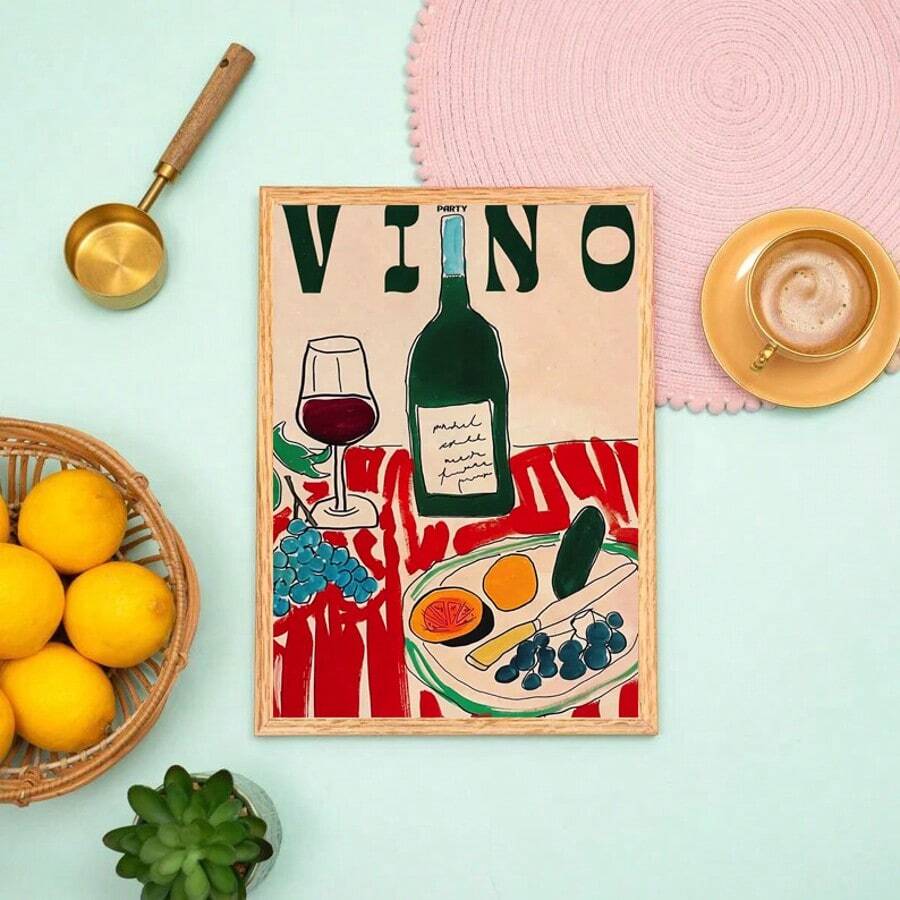 1pc Canvas Print Poster, Red Wine And Food On The Table, Red Wall Arts, Dopamine Color Decoration, Kitchen Posters, Summer House Poster, Poster, Modern Style Wall Art, Dinner Print, Frameless, Suitable For Living Room, Bedroom, Study, Office, Restaurant, Coffee Shop - A - View 1