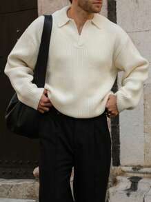 OFFICEAU Men's Ribbed Knit Sweater, Casual Loose Pullover Polo Neck Knitwear Top, Autumn/Winter, Old Money - Apricot - View 2