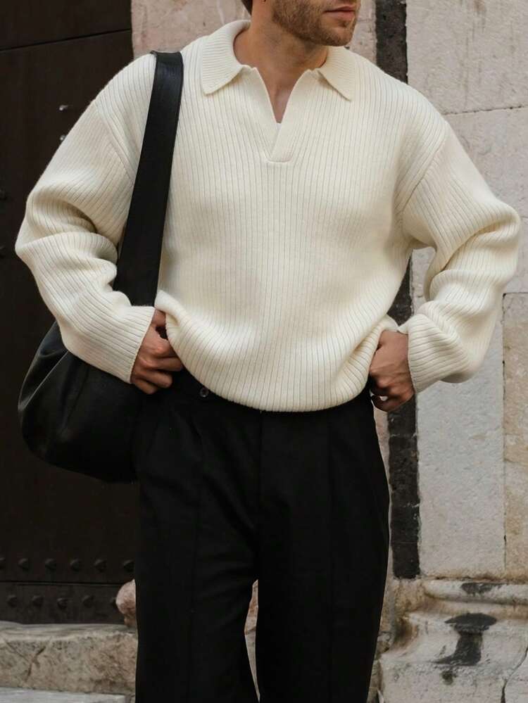 OFFICEAU Men's Ribbed Knit Sweater, Casual Loose Pullover Polo Neck Knitwear Top, Autumn/Winter, Old Money - Apricot - View 2