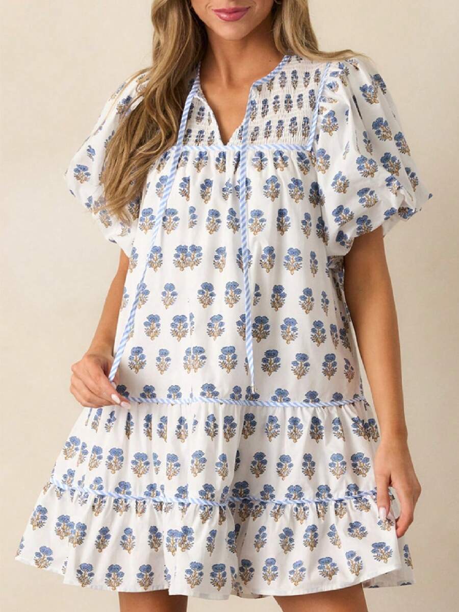 Women Boho Ruffle Sleeve Mini Dress Summer Floral Print Short Sleeve V Neck Cute Babydoll Loose Flowy Dress - Baby Blue - View 1