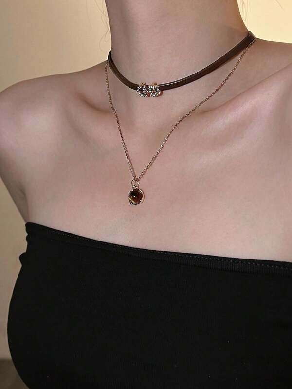 Set de 2 collares elegantes con capas múltiples de ojo de tigre artificial, collar de cadena de doble capa decorado con rhinestones dorados, collar con colgante para mujeres para ir de compras, fiestas, bailes, citas