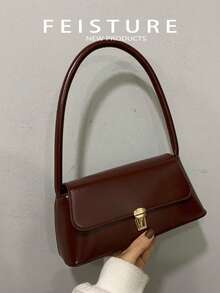 1个复古女士腋下单肩包，PU皮革材质，金属翻盖法棍包 - 咖啡棕 - 查看 6