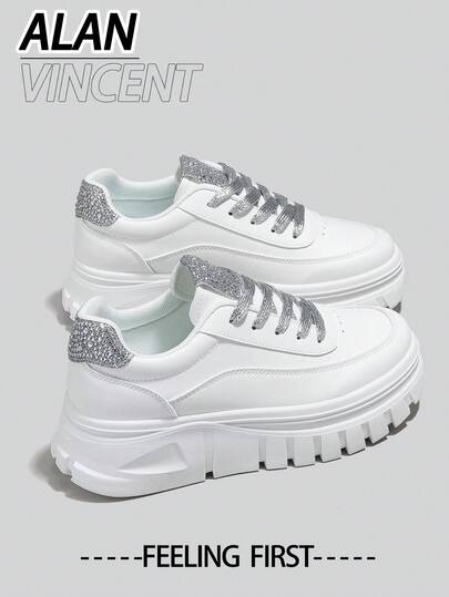  Alan Vincent[Thick Sole Heightening Series]New Women's Shoes, White Sneakers, Thick Sole Heightening Casual Sneakers, Women's Thick Sole Shoes, Comfortable And Fashionable, Suitable For Daily Wear, Rhinestone Embellished Heels