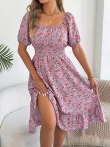 女式休闲荷叶边袖抽绳碎花迷你连衣裙，适合春夏季度假 - 紫色 - 查看 4