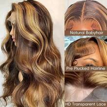 200% 密度渐变蕾丝前假发，混发，26 英寸，13x4/13*6 高清蕾丝前假发，波浪卷发，5x5 无胶佩戴，混发，预先拔毛，P4/27 蜜金色，女士蕾丝前假发 - S4/27 - 查看 9