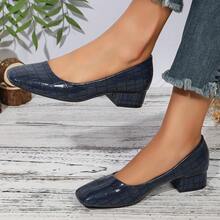 Shoes For Women Fall,Single Shoes Breathable Fashionable And Elegant Four Seasons Square Head Solid Color Large Size Breathable One-Step High Heels - Màu xanh lam - Xem 4