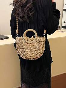 1pc Semi-Circle Woven Drawstring Crossbody Bag For Women, Fashion Holiday Tote Bag Suitable For Travel And Daily Shopping, Eye-Catching Beach Bag Summer, Summer Straw Beach Bag For Women - Khaki - View 7