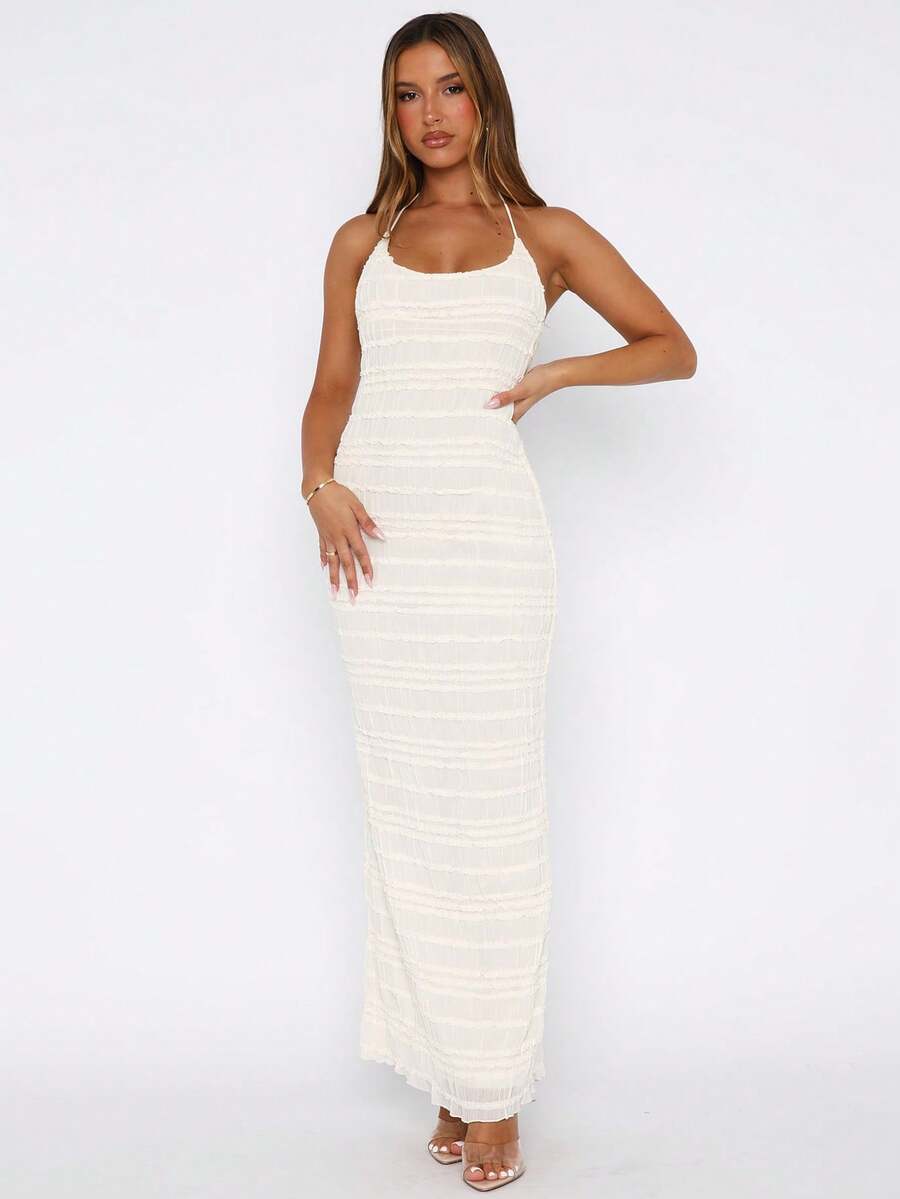 女士夏季新款杏色雪纺刺绣性感露背开衩系腰修身连衣裙派对白色优雅 - 白色 - 查看 1