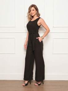 Women's Sleeveless Long Jumpsuit With High Waist Tie Belt And Side Pockets – Elegant And Comfortable - 黑色 - 查看 3