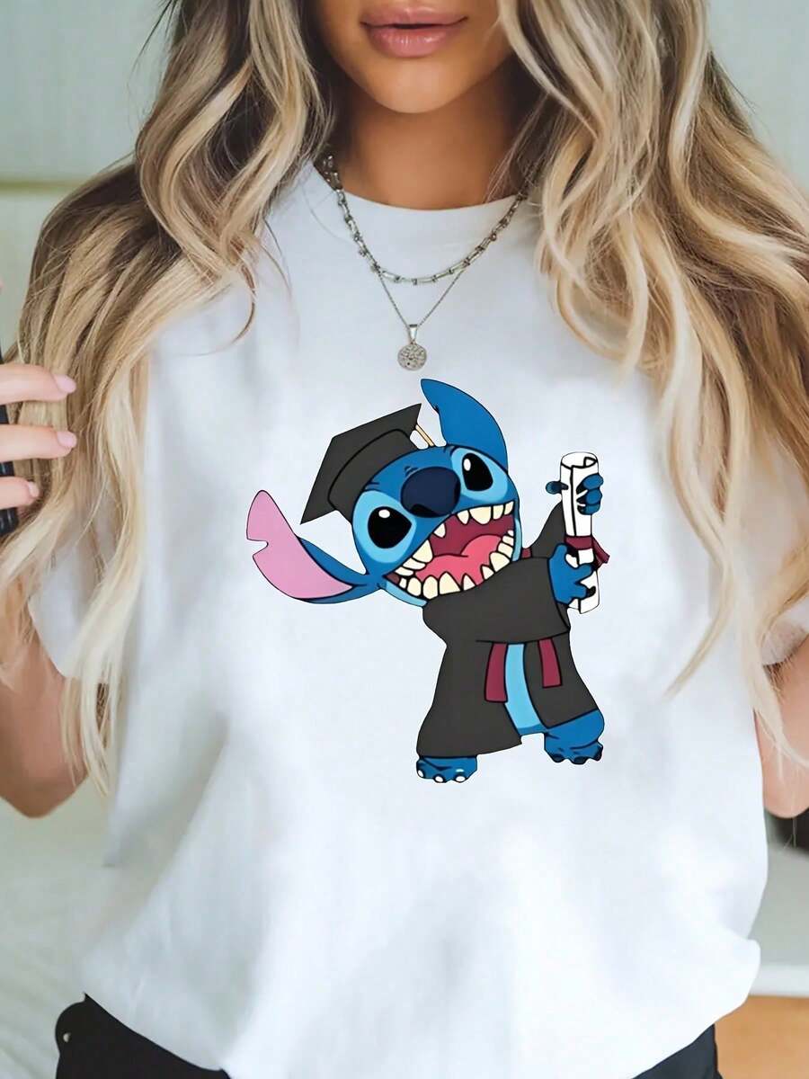 Women's  Stitch Print T-Shirt - Cute Cartoon Graduation Design, Breathable And Machine Washable, Crew Neck Short Sleeve T-Shirt Spring Summer Fashion Gift,  Shirt - 白色 - 查看 1