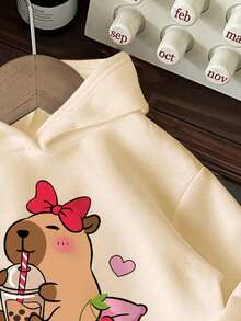 Toddler Capybara Pattern Warm Hooded Sweatshirt - Apricot - View 3