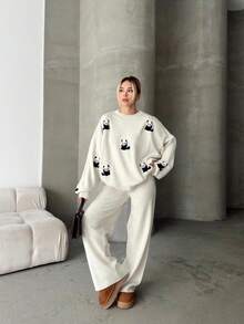 Women Casual Heart Pattern Round Neck Long Sleeve Pullover Top And Long Pants Set, Embroidery Design - White - View 3