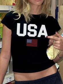 Damen Sommer Neu USA Bedrucktes Rundhals Kurzarm Lässig T-Shirt, modisch und vielseitig, geeignet für den täglichen Trageauf Damen Grafiktops Weiß Schwarz - Schwarz - Übersicht 5