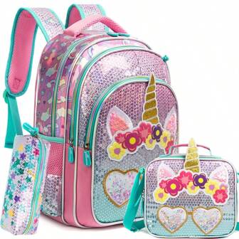 3PCS Sequined Unicorn School Backpack Shoulder Backpack Back To School Bookbag Student Bookbag