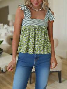 Peplum Babydoll Tank Tops For Women Boho Floral Print Tie-Up Wide Straps Sleeveless Cami Tops Going Out Shirts - 薄荷綠 - 查看 2