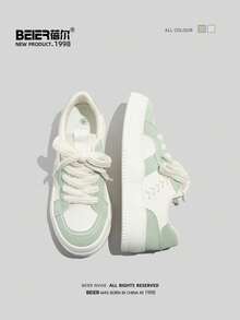 BEIER 秋冬女士休闲运动鞋，新款春夏户外时尚百搭系带平底圆头皮革拼接运动鞋