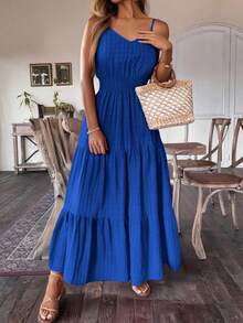 Vestido Liso Para Mujer Con Tirantes,Vestido Con Cintura Fruncida Y Elástico, Vestido Largo Con Ribete Fruncido - Azul - Ver 3