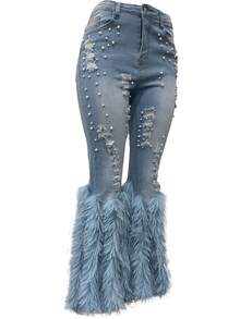 Women's Skinny Ripped Jeans Pearl Distressed Stretchy High Waisted Tassels Slim Fit Denim Pants Y2K Streetwear - 藍色 - 查看 5