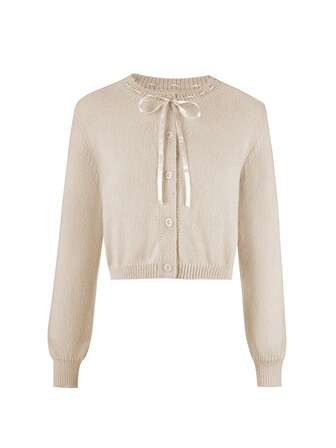 Joy Knit 秋冬时尚新品 - 返校季 - 简约休闲柔软甜美基本款领带设计上衣 - 领口蝴蝶结纽扣针织开衫毛衣外套 - 女士办公室装 - 外出上衣 - 旅行机场装