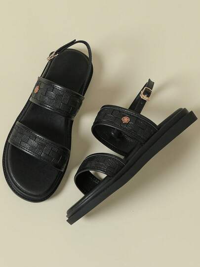 女士厚底搭扣凉鞋，纹理编织不规则图案复古波西米亚风露趾舒适坡跟平底透气休闲户外沙滩鞋，2026春夏系列，不规则编织图案圆头黑色罗马凉鞋，加大码41-43