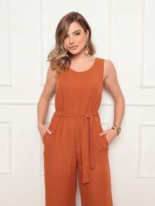 Women's Sleeveless Long Jumpsuit With High Waist Tie Belt And Side Pockets – Elegant And Comfortable - 瓦 - 查看 4