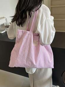 复古条纹帆布手提包，女士大容量条纹帆布手提包 - 时尚单肩包，适合旅行和购物，亮红色和白色条纹，大容量，百搭，可水洗 - 无扣，日常手提包，休闲日常手提包 - 彩色 - 查看 5