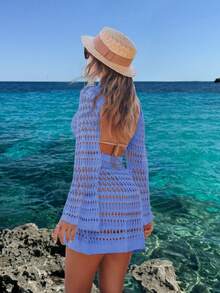 女士亮蓝色沙滩连衣裙，波西米亚性感镂空露背长袖钩针罩衫连衣裙，春夏款 - 藍色 - 查看 2