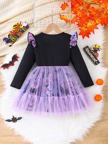 Girls Halloween Dress 4-7 Years Old Long Sleeve Black Top Purple Tulle Tutu Pumpkin Bat Print Young Girl Party Kindergarten Costume - Purple - View 5