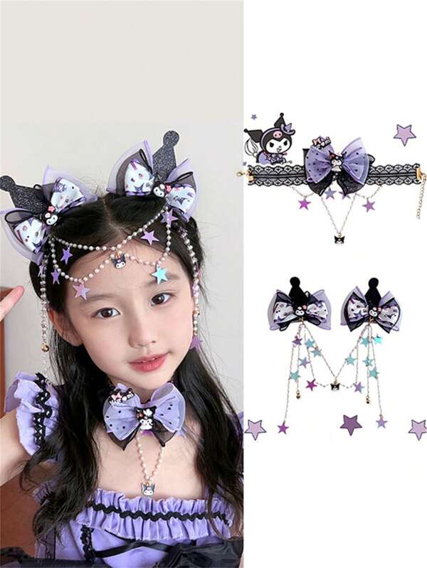 Sanrio 3/2pcs Kuromi Kids Hair Clips, Lace Bow Hair Clips, Kuromi Head Chain, Kuromi Lace Necklace For Girls. Suitable For Daily, Party, Photo Shoots. Cute, Sweet, Dark Style.
