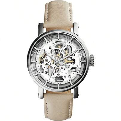  Reloj de mujer mecánico de cuero y acero Fossil con tres manecillas, resistente al agua 50m, caja de acero inoxidable/espejo de cristal para uso diario y Navidad